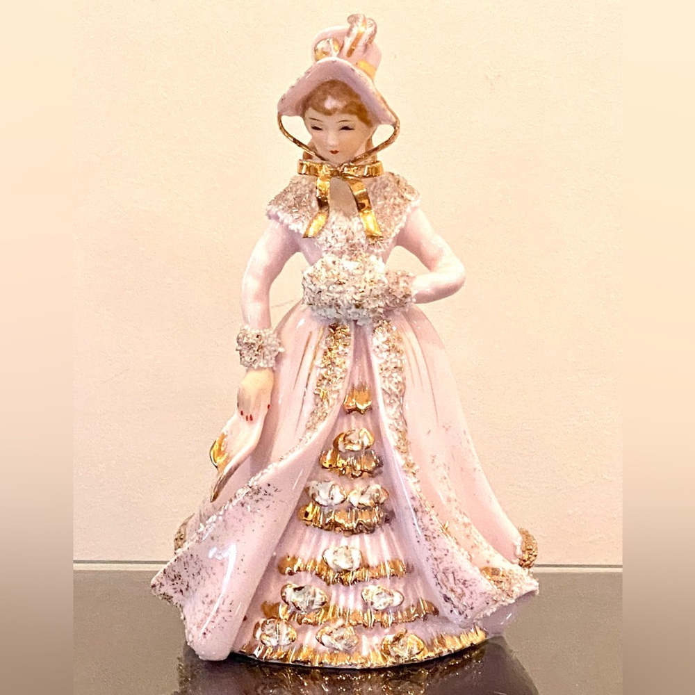 Lefton George L'Amour Pink and Gold lady figurine with Ruffled Accents